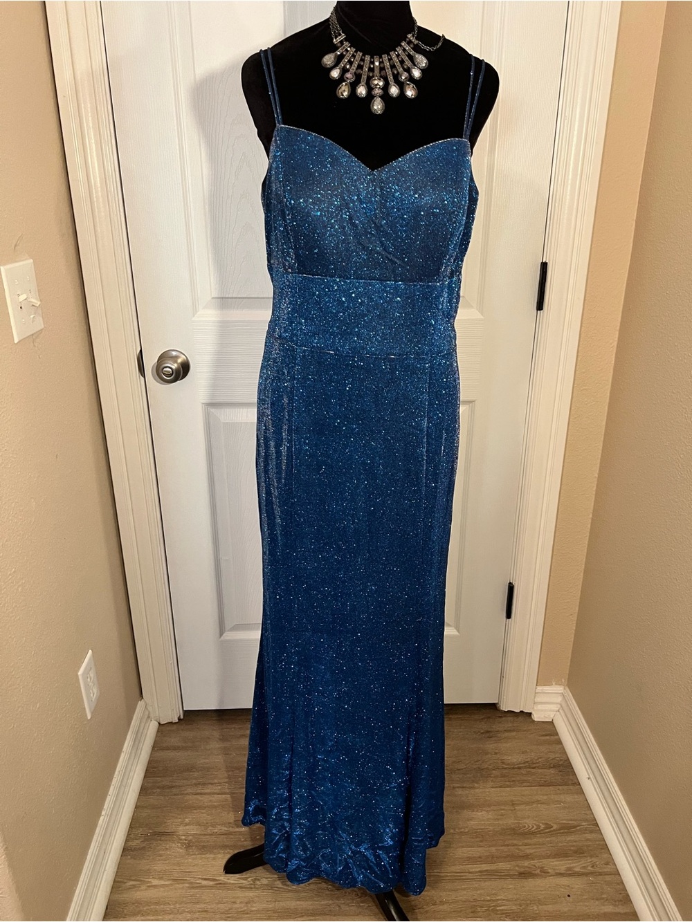 May Queen glitter blue formal evening wedding guest dress